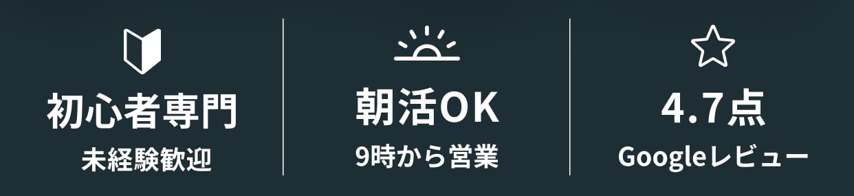 初心者専門 未経験歓迎 | 朝活OK 9時から営業 | 4.7点 Googleレビュー